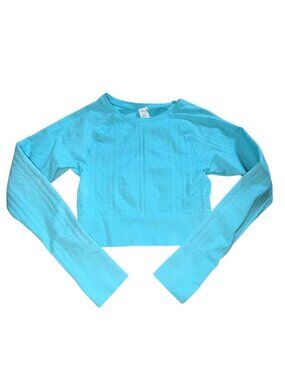 JoyLab Seamless Long-sleeve Crop Top W/ Cable Knit Pattern-Blue-L-Fair